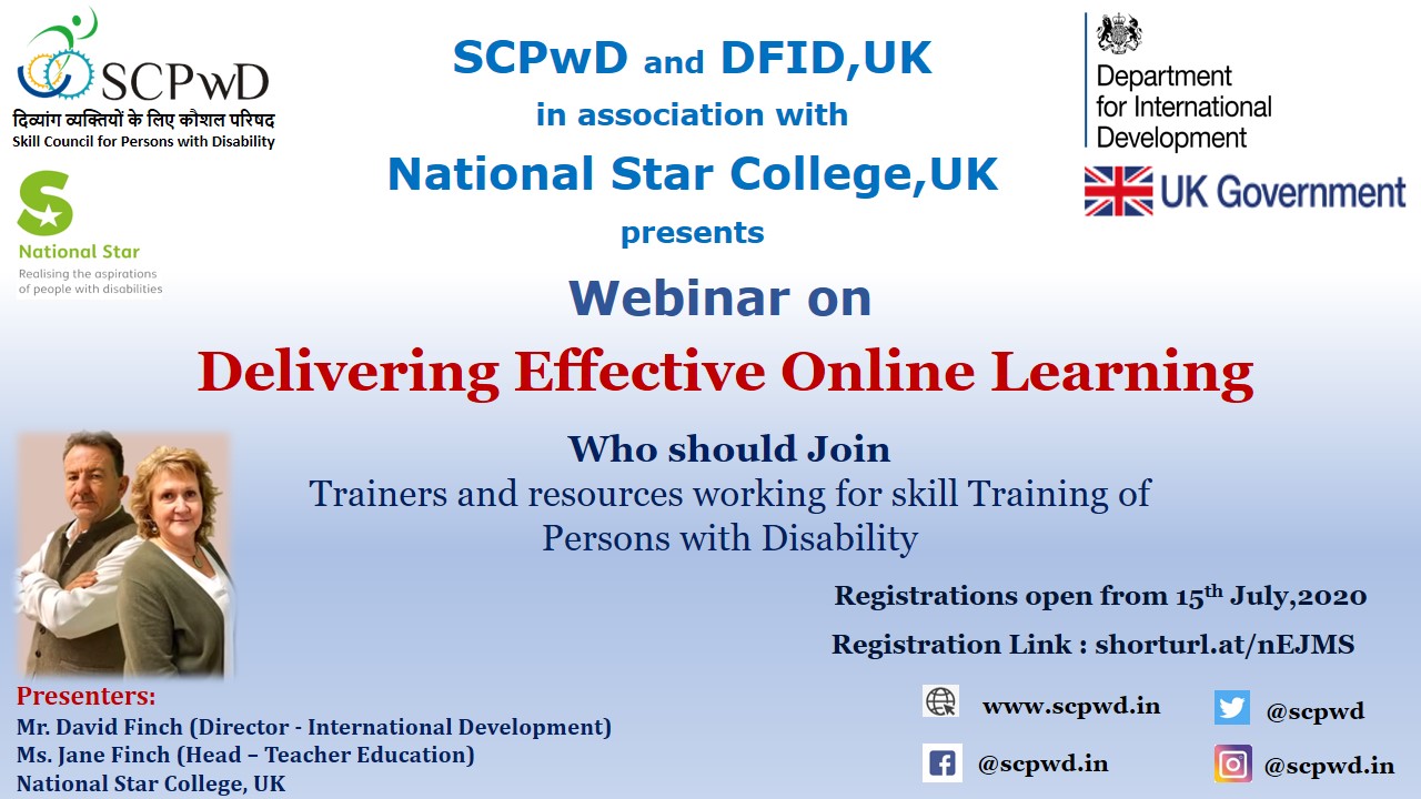 SCPWD and DFID, UK in Association with National Star College, UK Organized a Webinar on “Delivering Effective Online Learning” for Trainers Working towards Skill Training of PwDs